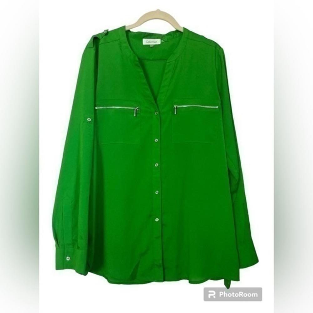 Calvin Klein Kelly Green Button Down Spring Women’s Blouse Size Large